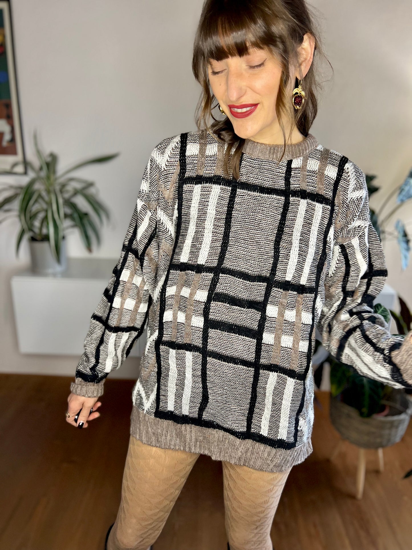 1990's vintage tan, black and cream knit plaid pullover