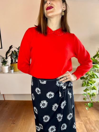 1960's vintage cherry red pullover with scalloped collar and floral embroidery