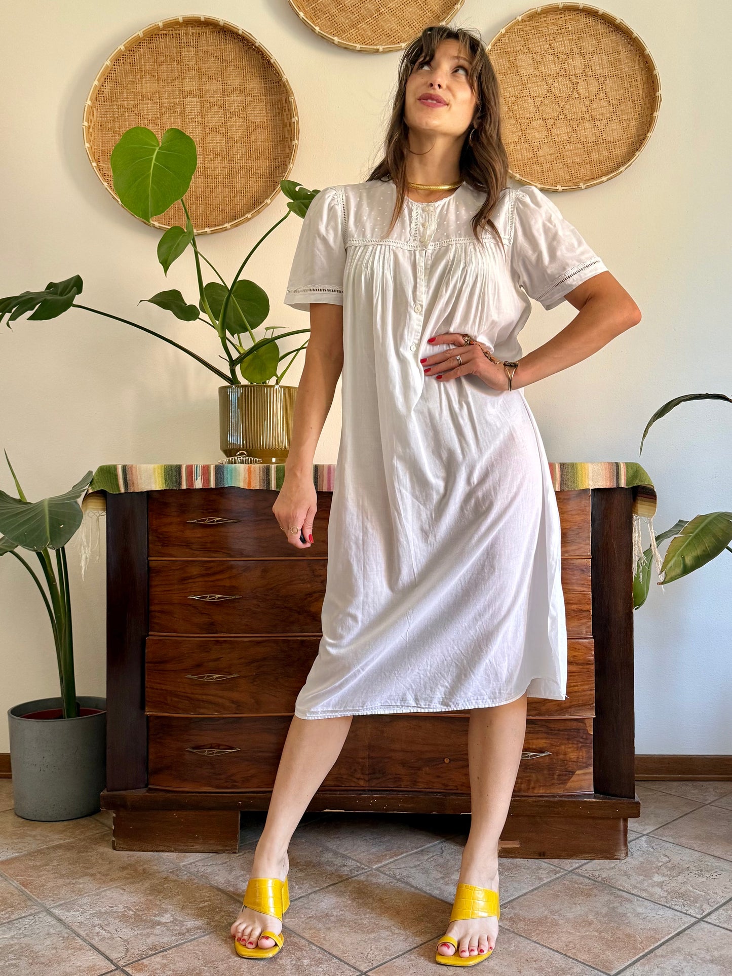 1960's vintage white cotton midi slip dress with polkadot embroidered bodice with crochet detailing