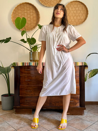 1960's vintage white cotton midi slip dress with polkadot embroidered bodice with crochet detailing
