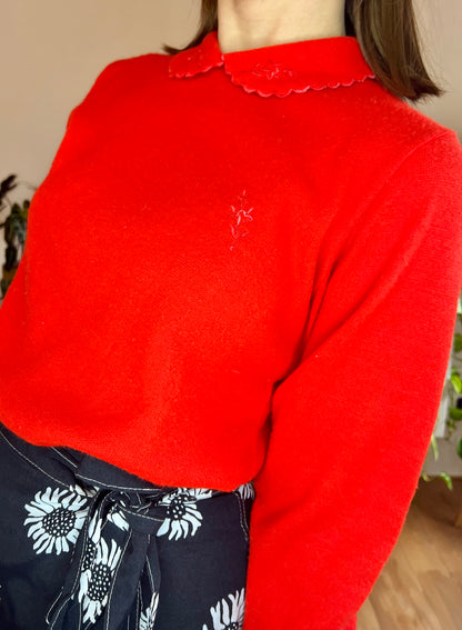 1960's vintage cherry red pullover with scalloped collar and floral embroidery