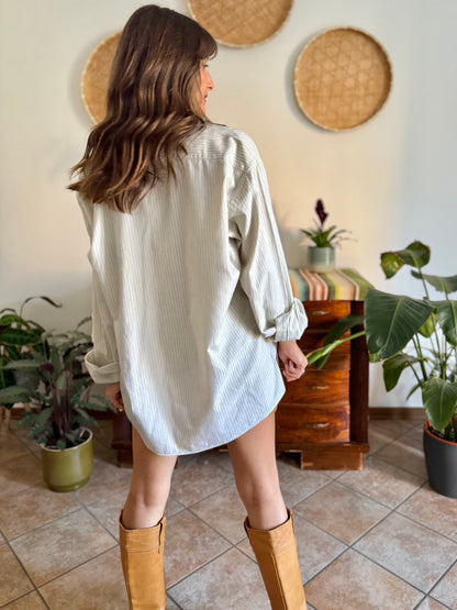 1990's vintage oversize cream shirt with mint and olive green vertical pinstripes