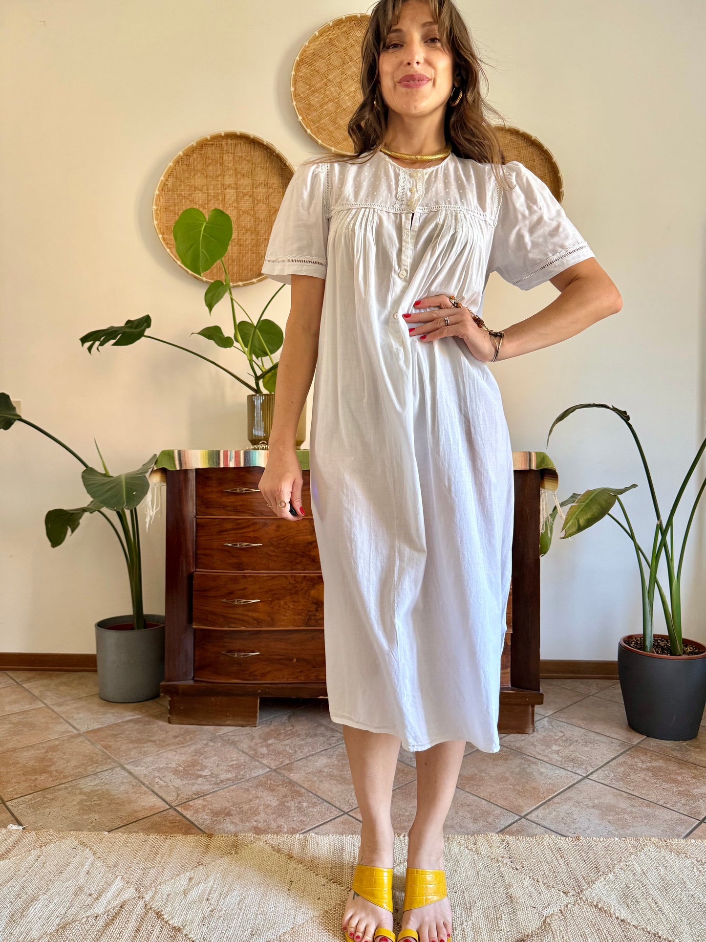 1960's vintage white cotton midi slip dress with polkadot embroidered bodice with crochet detailing