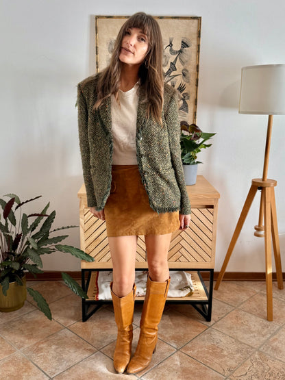 1990's vintage dark green wool blend tweed blazer with orange and yellow specks throughout