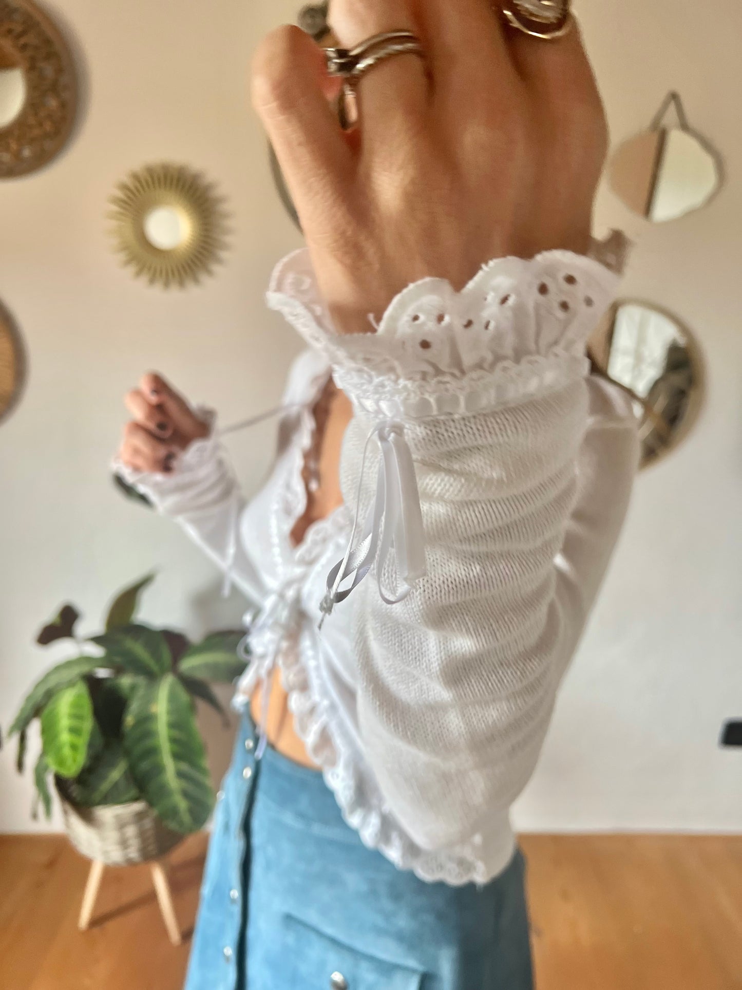 1970's vintage white knit cardigan with ruffle eyelet trimming