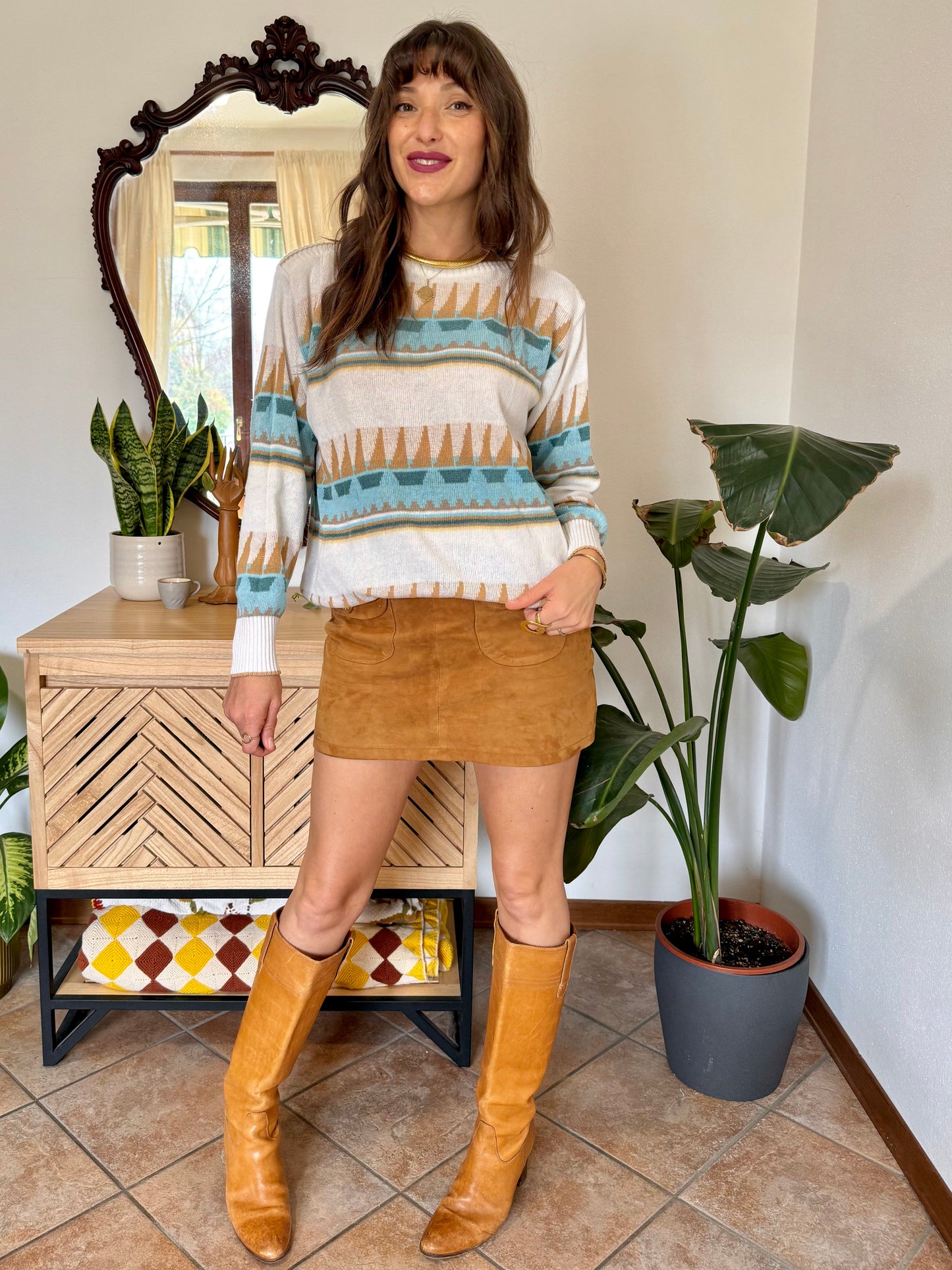 1970's vintage cream light weight cotton knit pullover with light blue and tan geometric pattern