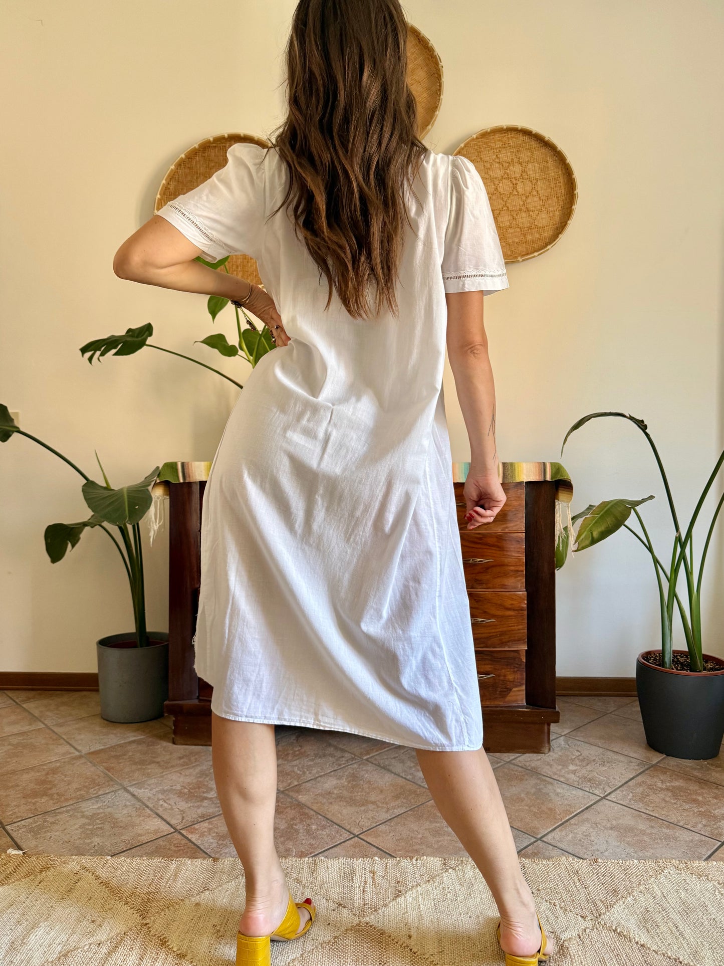1960's vintage white cotton midi slip dress with polkadot embroidered bodice with crochet detailing