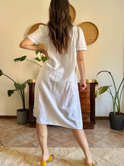 1960's vintage white cotton midi slip dress with polkadot embroidered bodice with crochet detailing