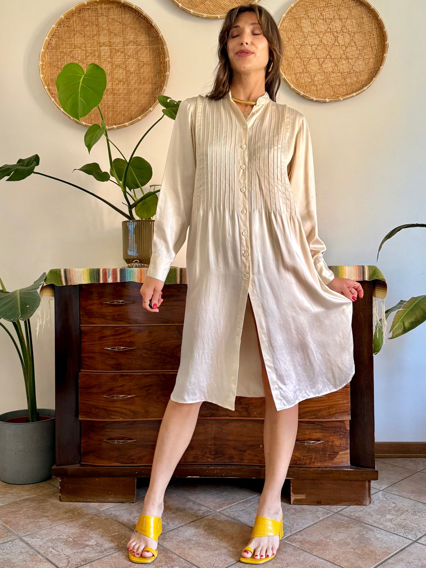 1990's vintage cream silk midi shirt dress with pleated details