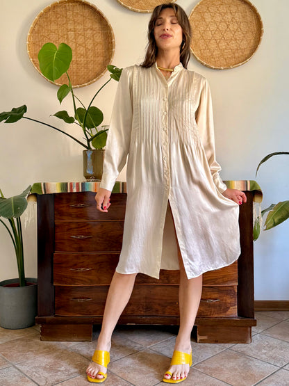 1990's vintage cream silk midi shirt dress with pleated details