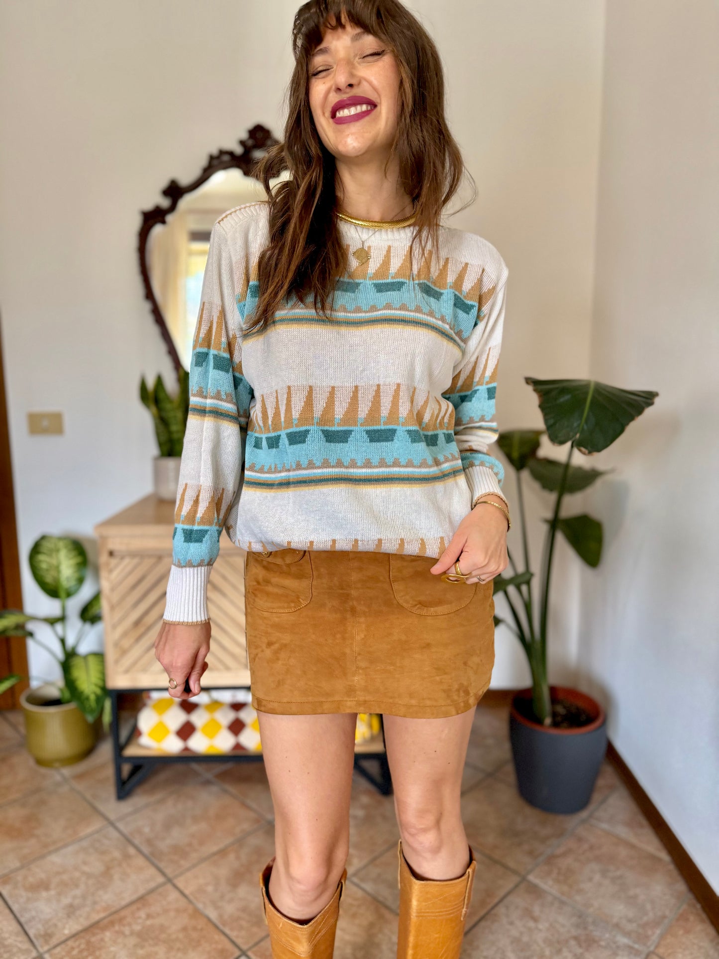 1970's vintage cream light weight cotton knit pullover with light blue and tan geometric pattern