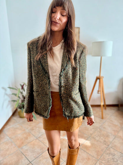 1990's vintage dark green wool blend tweed blazer with orange and yellow specks throughout
