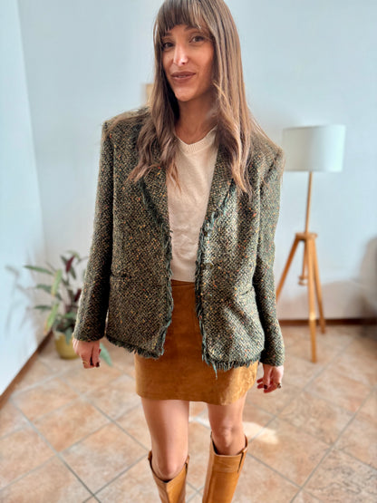 1990's vintage dark green wool blend tweed blazer with orange and yellow specks throughout