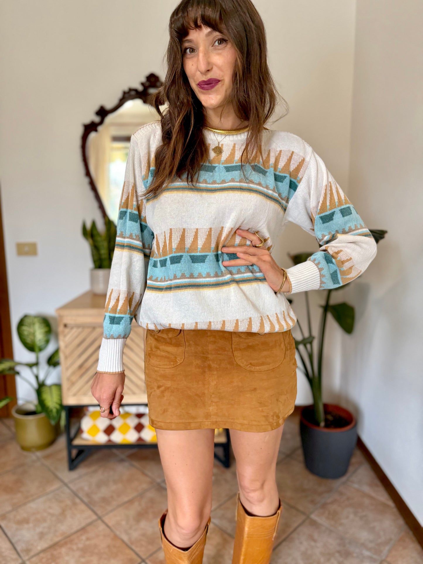 1970's vintage cream light weight cotton knit pullover with light blue and tan geometric pattern