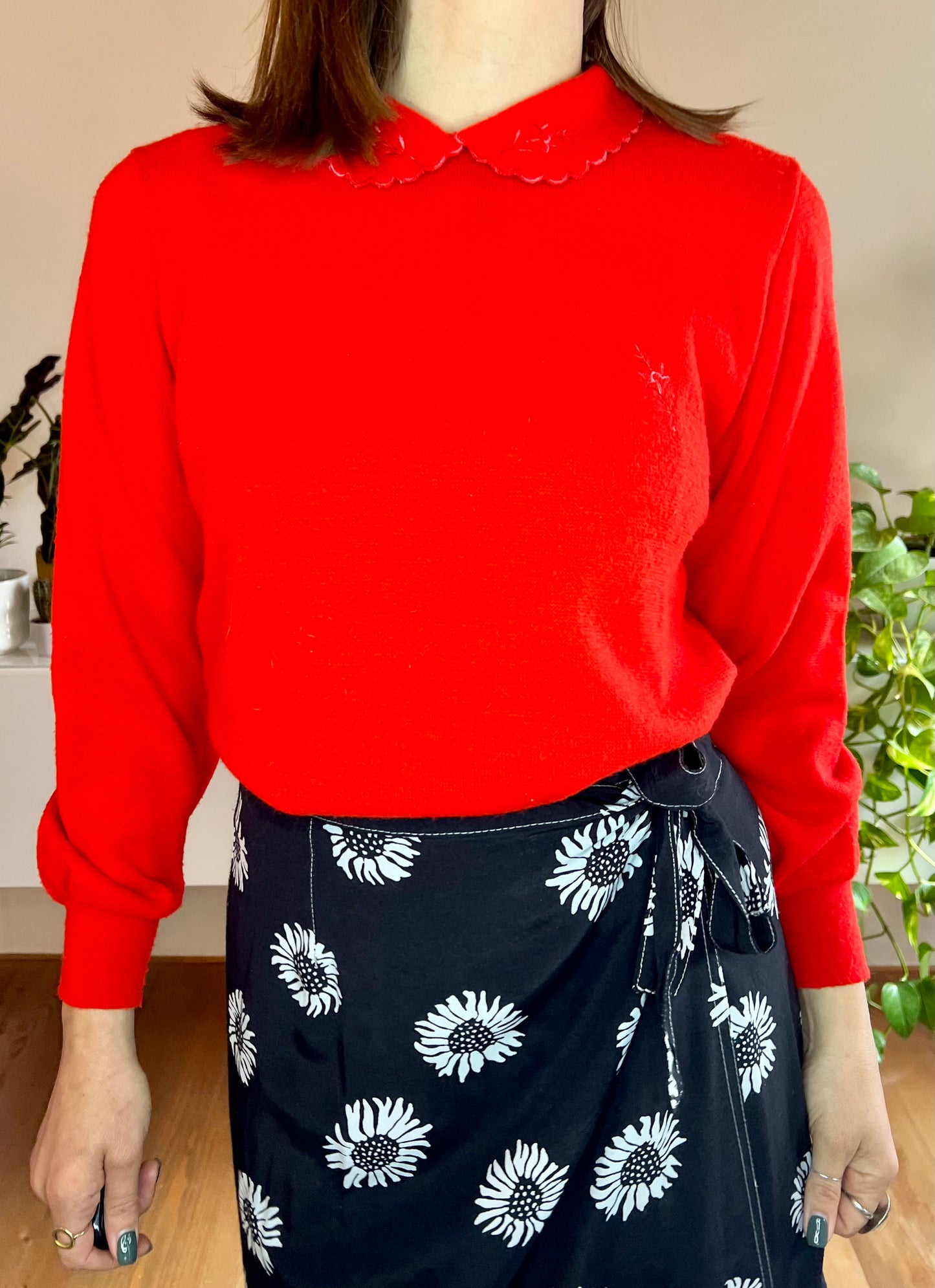 1960's vintage cherry red pullover with scalloped collar and floral embroidery