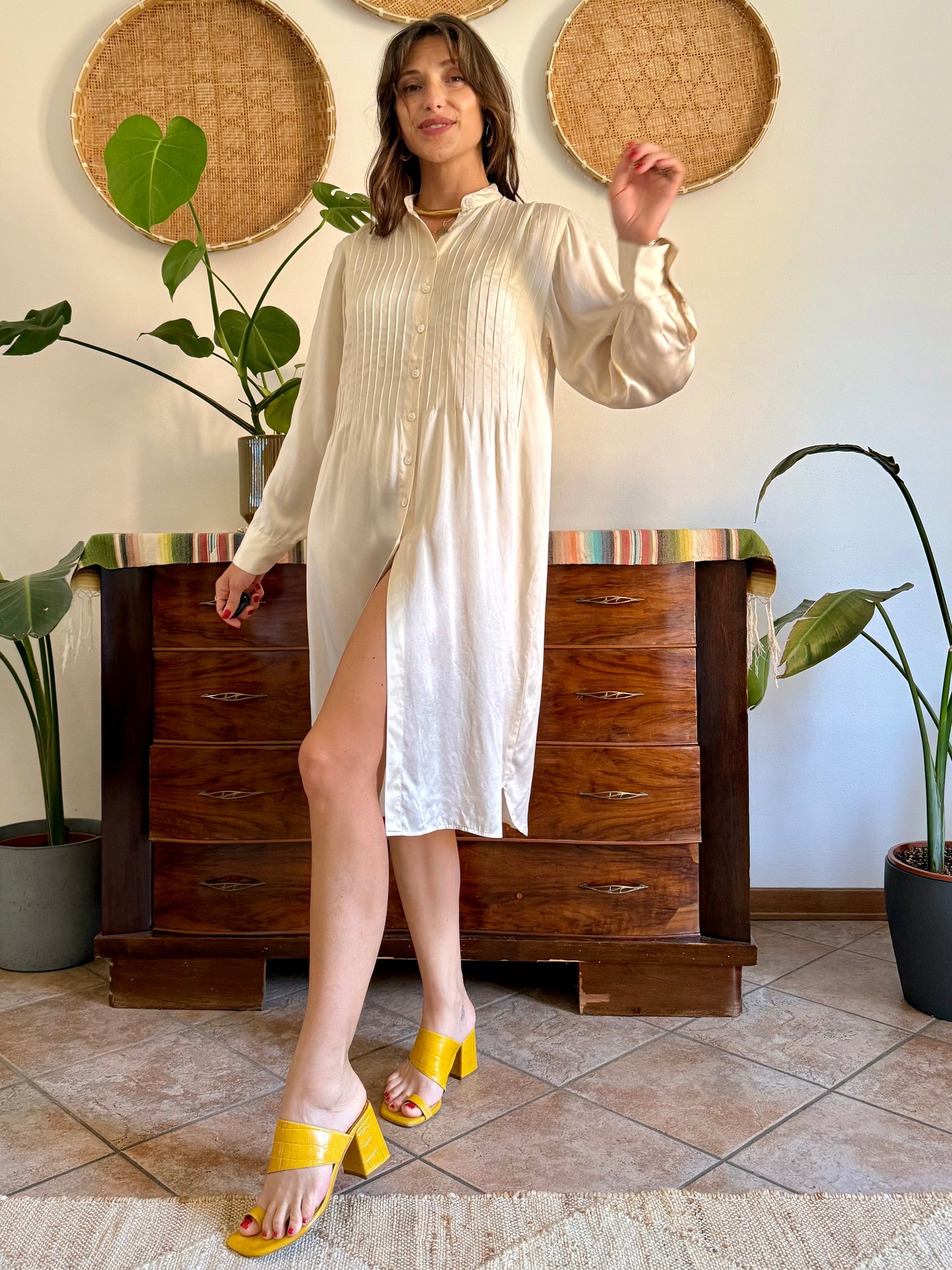 1990's vintage cream silk midi shirt dress with pleated details