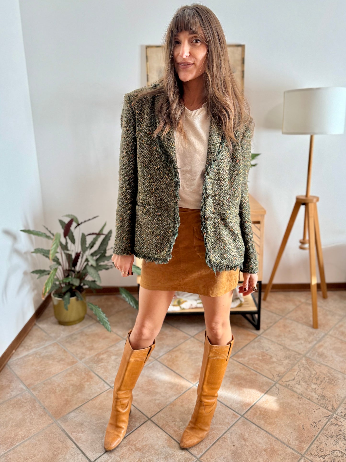 1990's vintage dark green wool blend tweed blazer with orange and yellow specks throughout