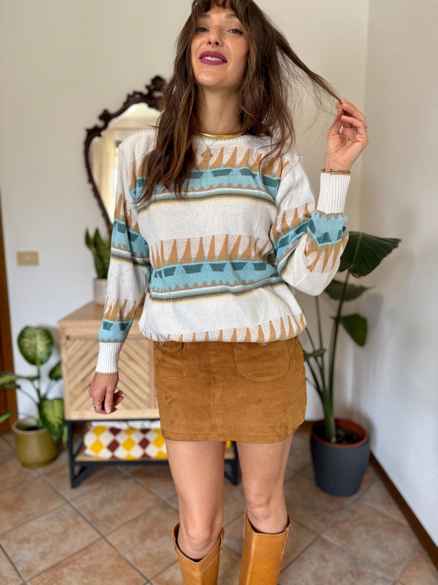 1970's vintage cream light weight cotton knit pullover with light blue and tan geometric pattern