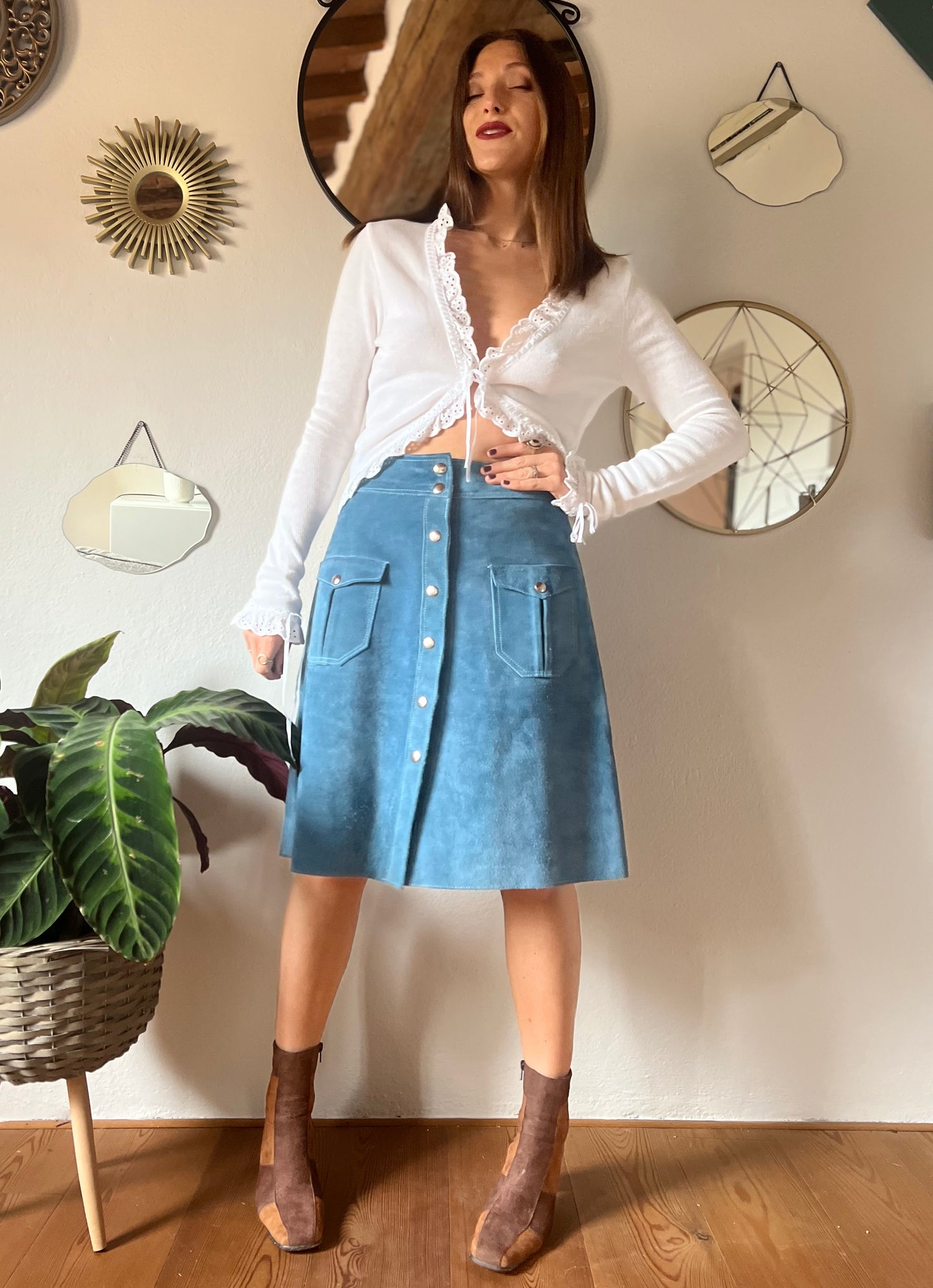 1970's vintage blue suede midi skirt