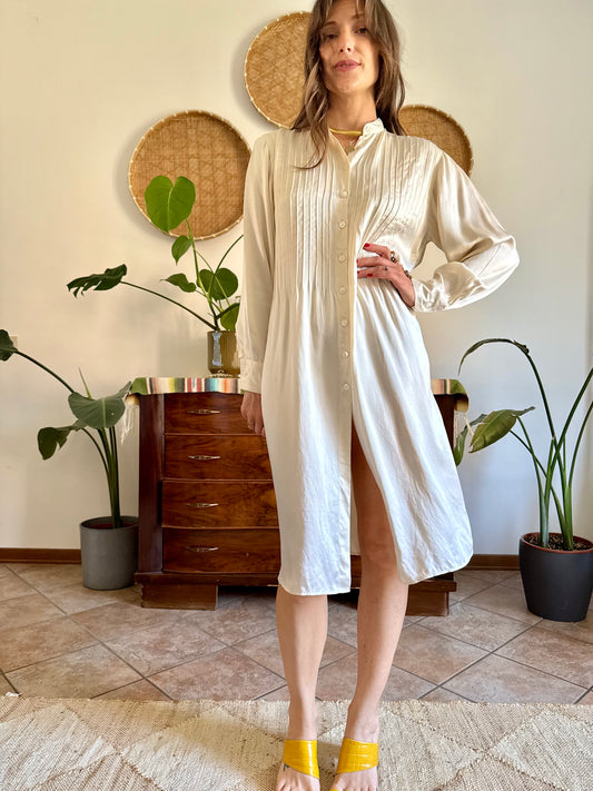 1990's vintage cream silk midi shirt dress with pleated details