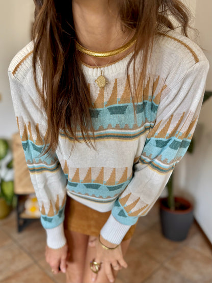 1970's vintage cream light weight cotton knit pullover with light blue and tan geometric pattern