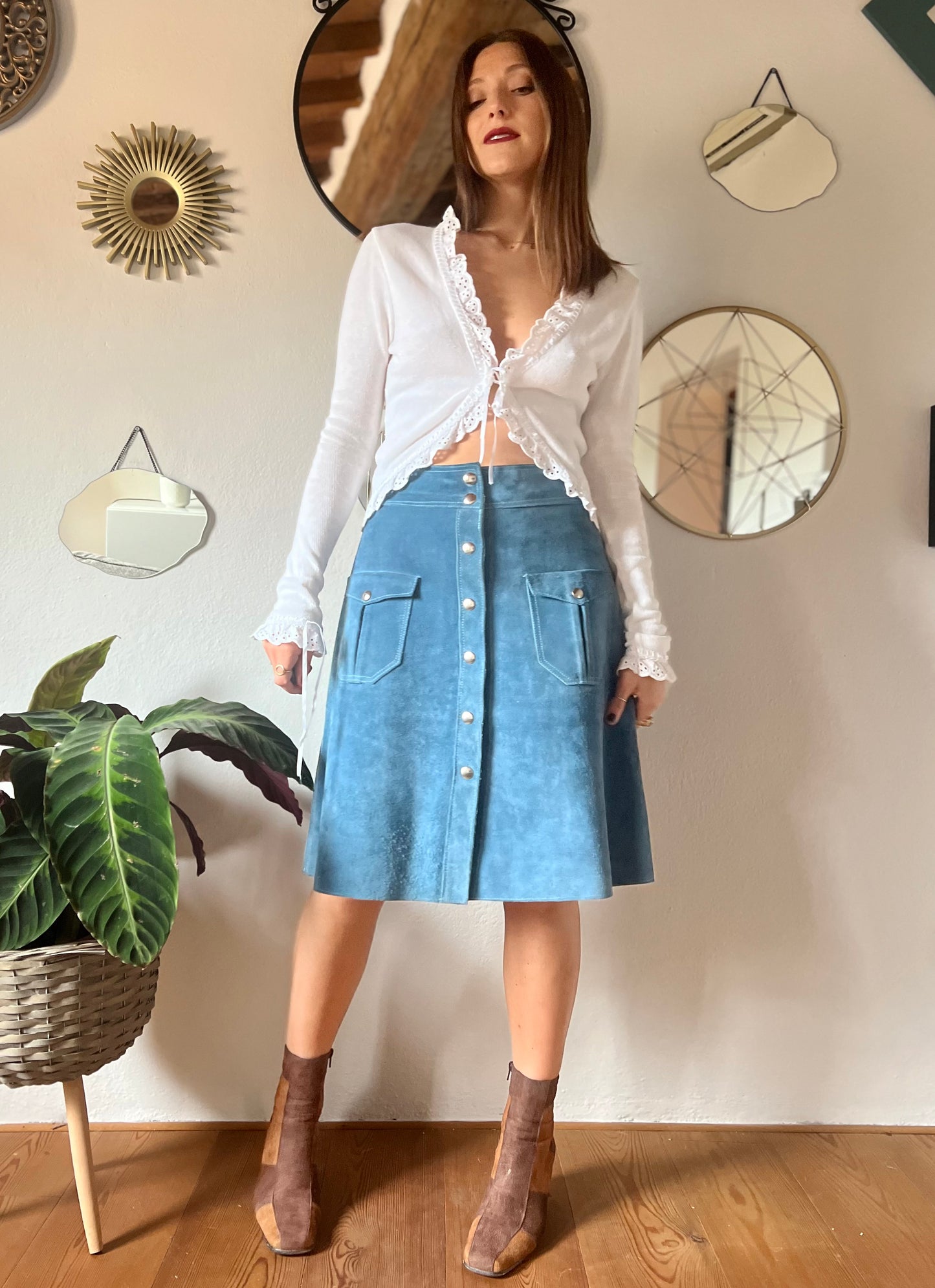 1970's vintage blue suede midi skirt