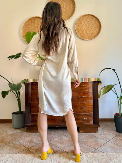 1990's vintage cream silk midi shirt dress with pleated details