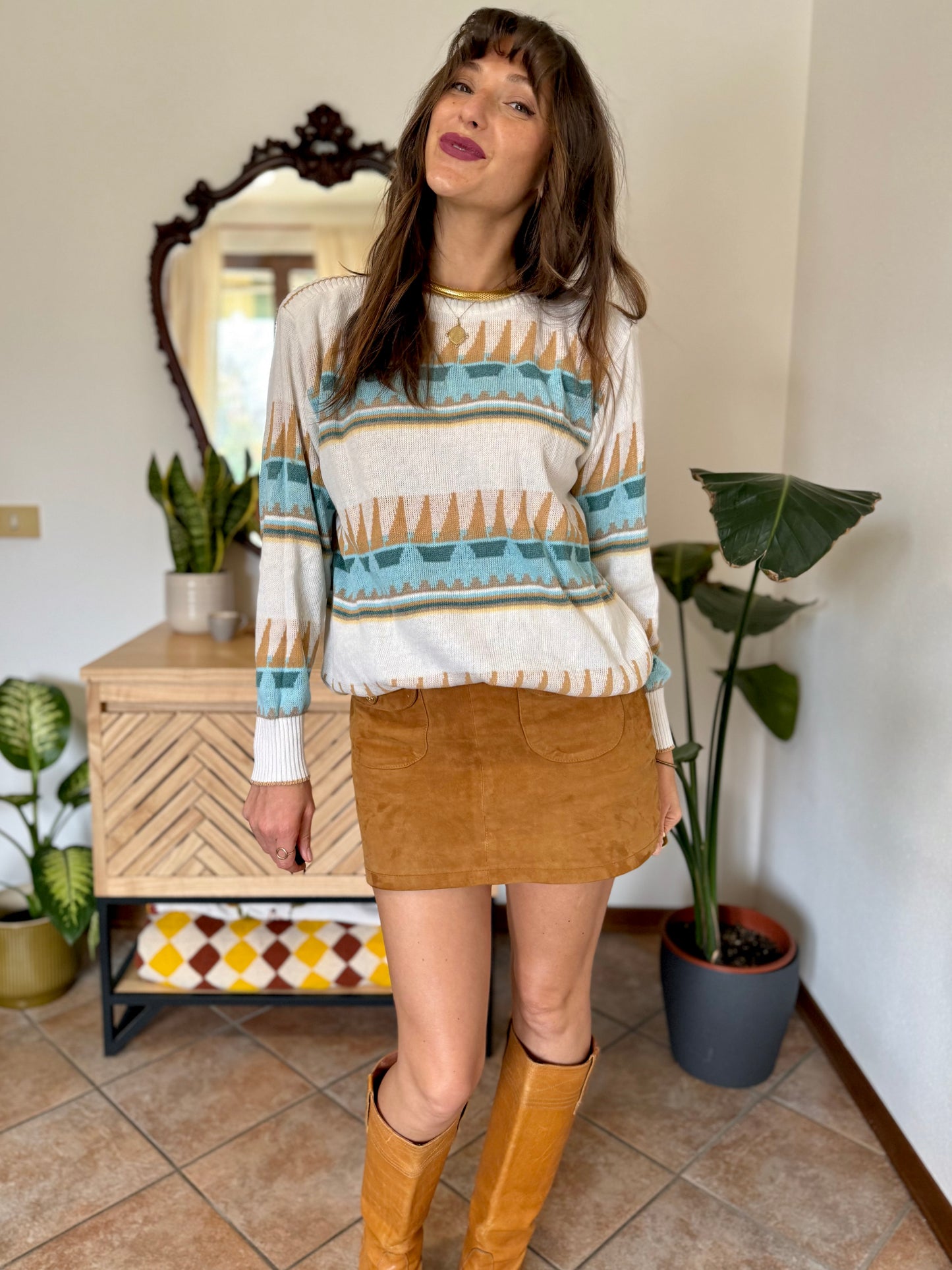 1970's vintage cream light weight cotton knit pullover with light blue and tan geometric pattern