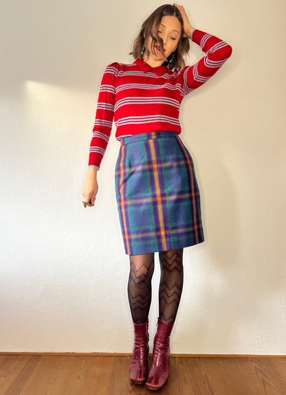 1970's vintage green and multi color wool plaid mini skirt