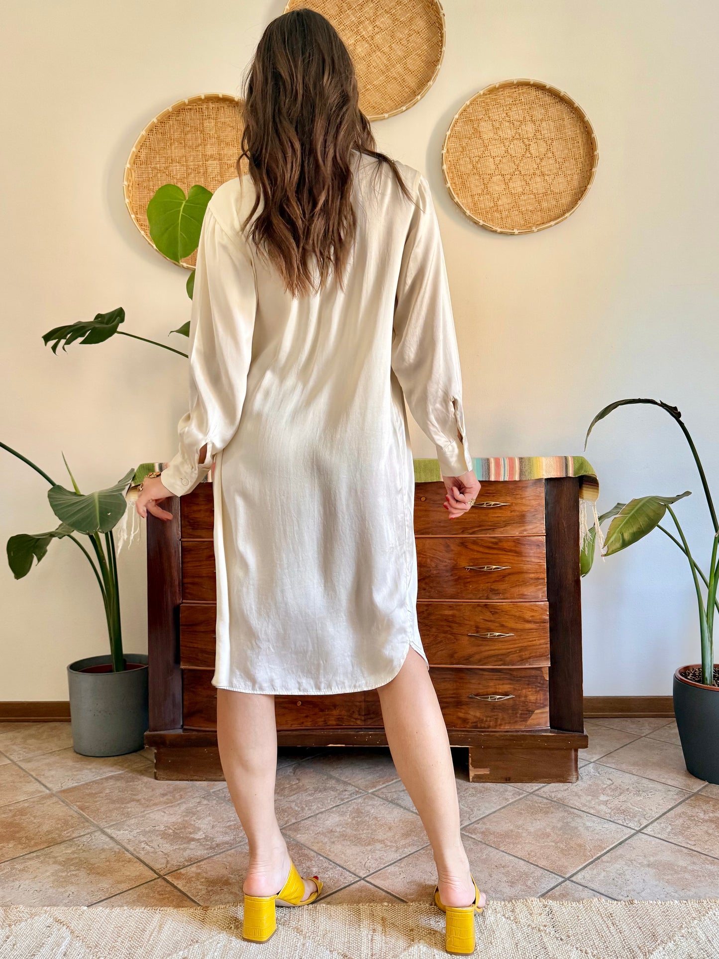 1990's vintage cream silk midi shirt dress with pleated details