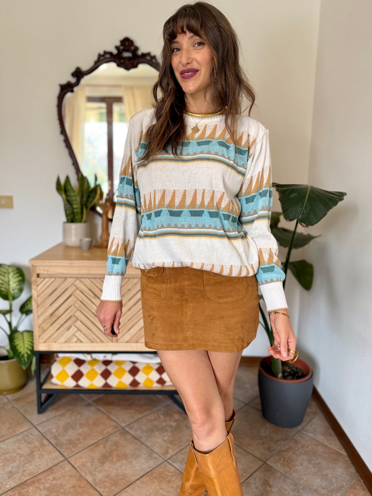 1970's vintage cream light weight cotton knit pullover with light blue and tan geometric pattern