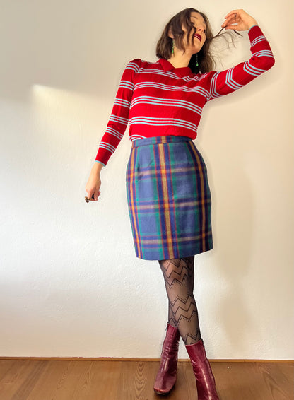 1970's vintage green and multi color wool plaid mini skirt