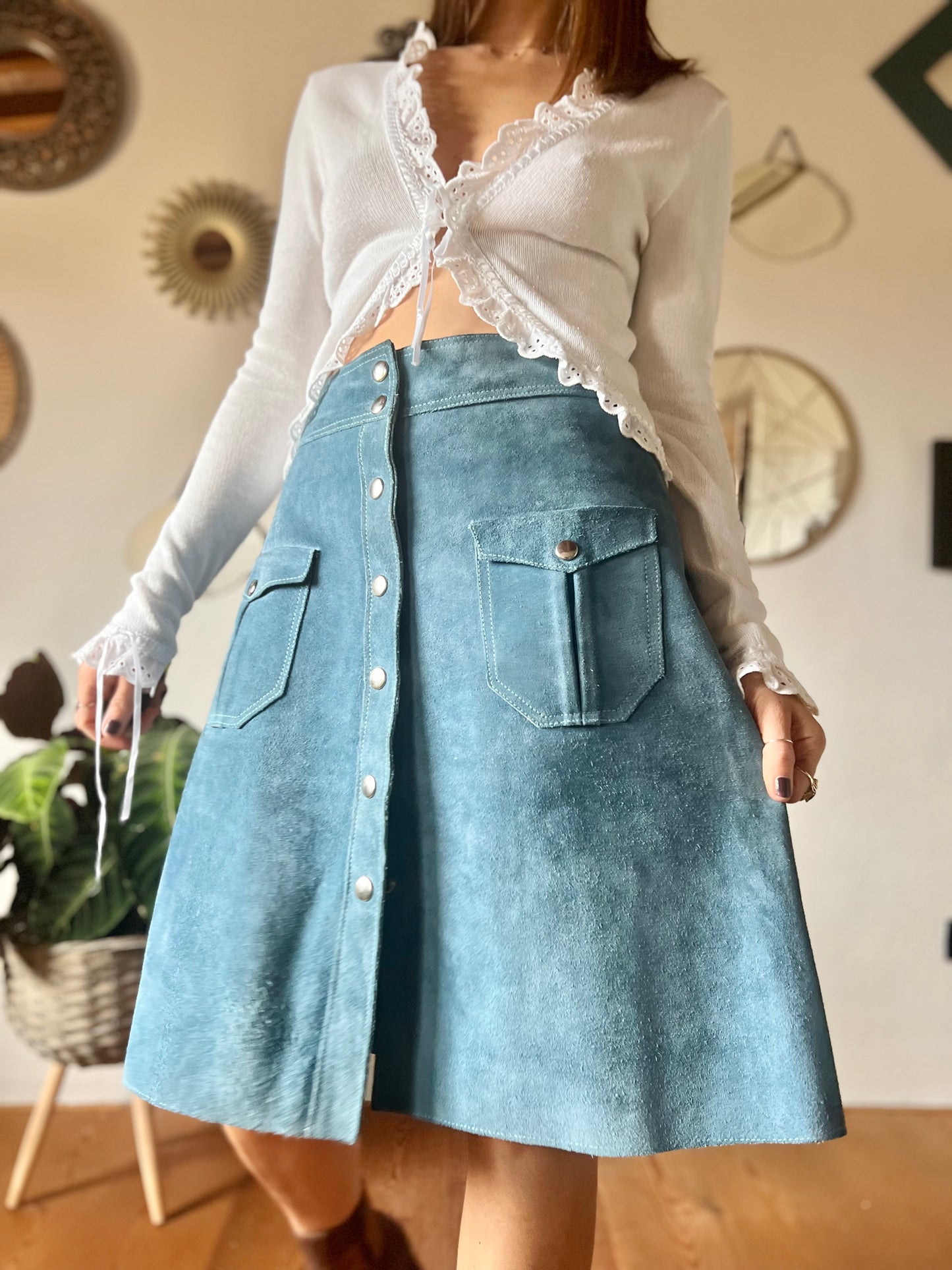 1970's vintage blue suede midi skirt