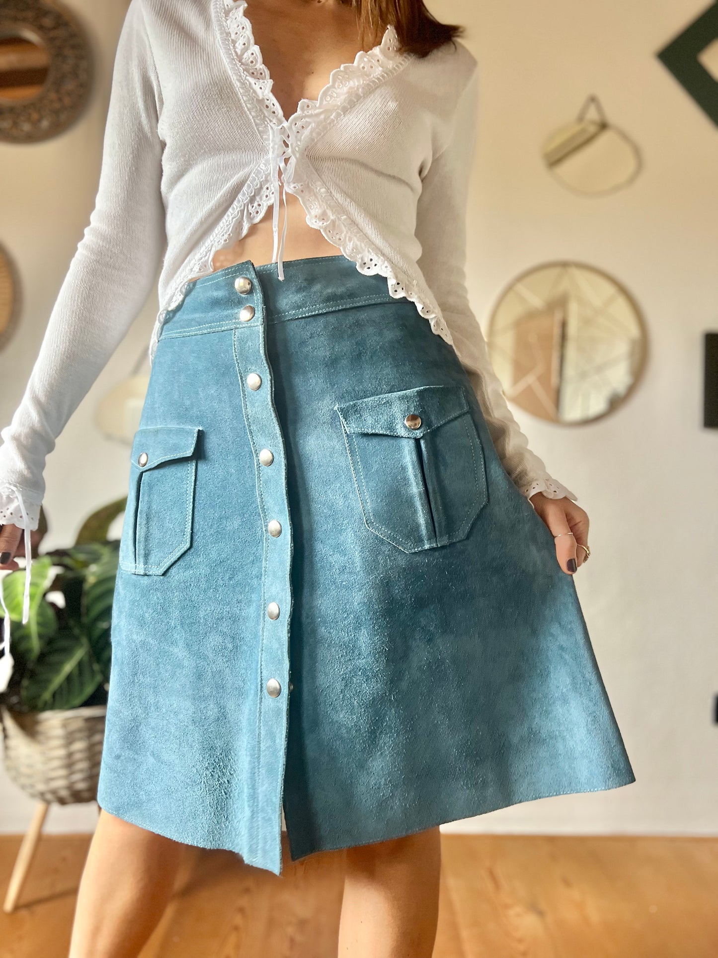 1970's vintage blue suede midi skirt