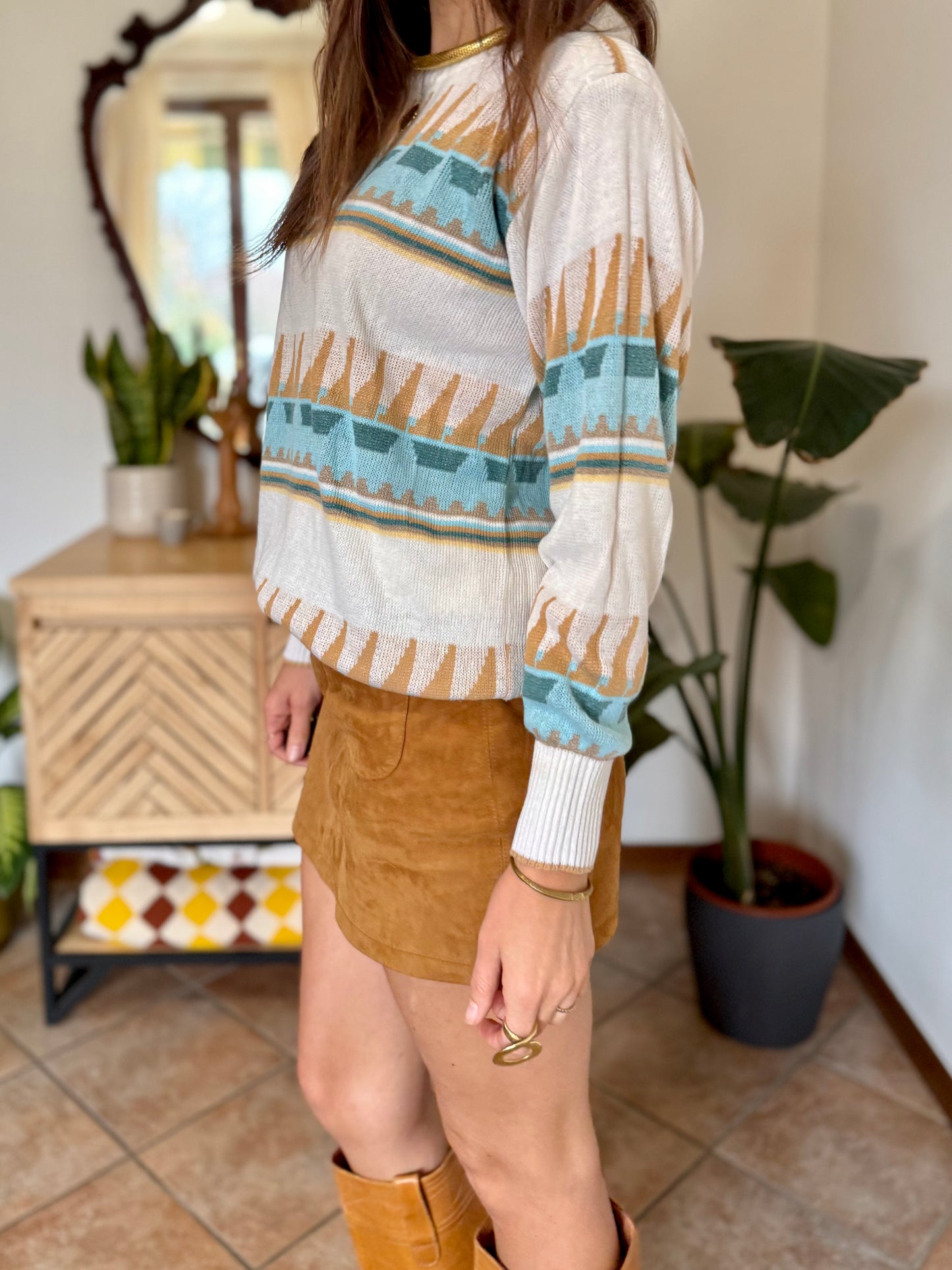 1970's vintage cream light weight cotton knit pullover with light blue and tan geometric pattern