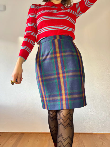 1970's vintage green and multi color wool plaid mini skirt