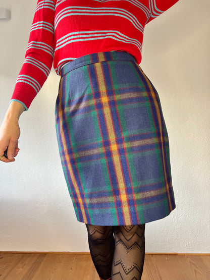 1970's vintage green and multi color wool plaid mini skirt