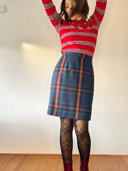 1970's vintage green and multi color wool plaid mini skirt