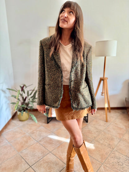 1990's vintage dark green wool blend tweed blazer with orange and yellow specks throughout