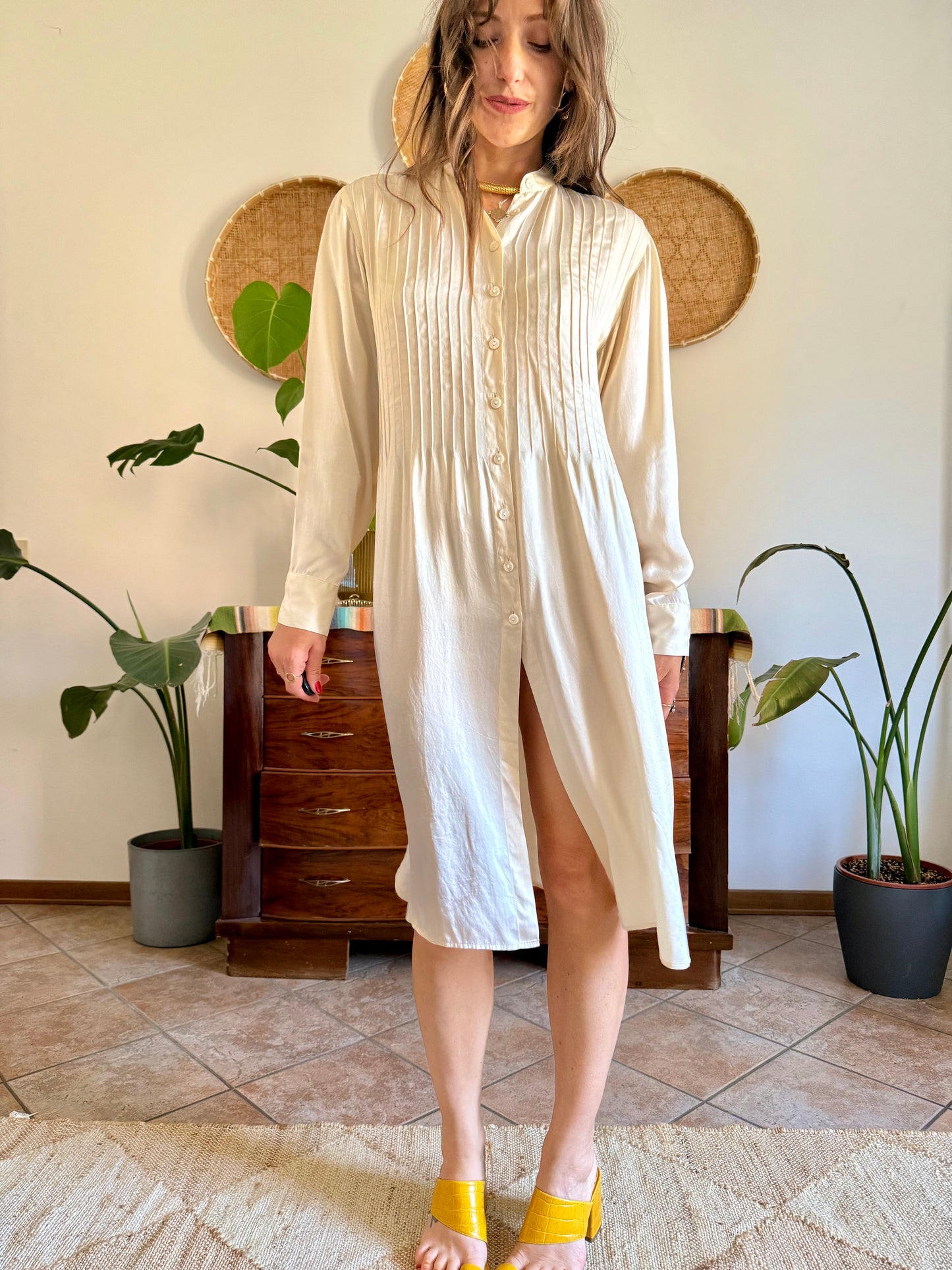 1990's vintage cream silk midi shirt dress with pleated details
