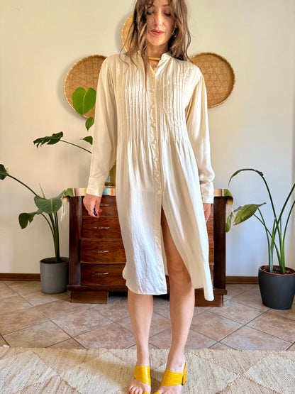 1990's vintage cream silk midi shirt dress with pleated details