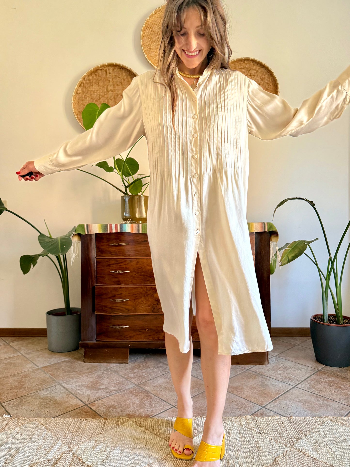1990's vintage cream silk midi shirt dress with pleated details