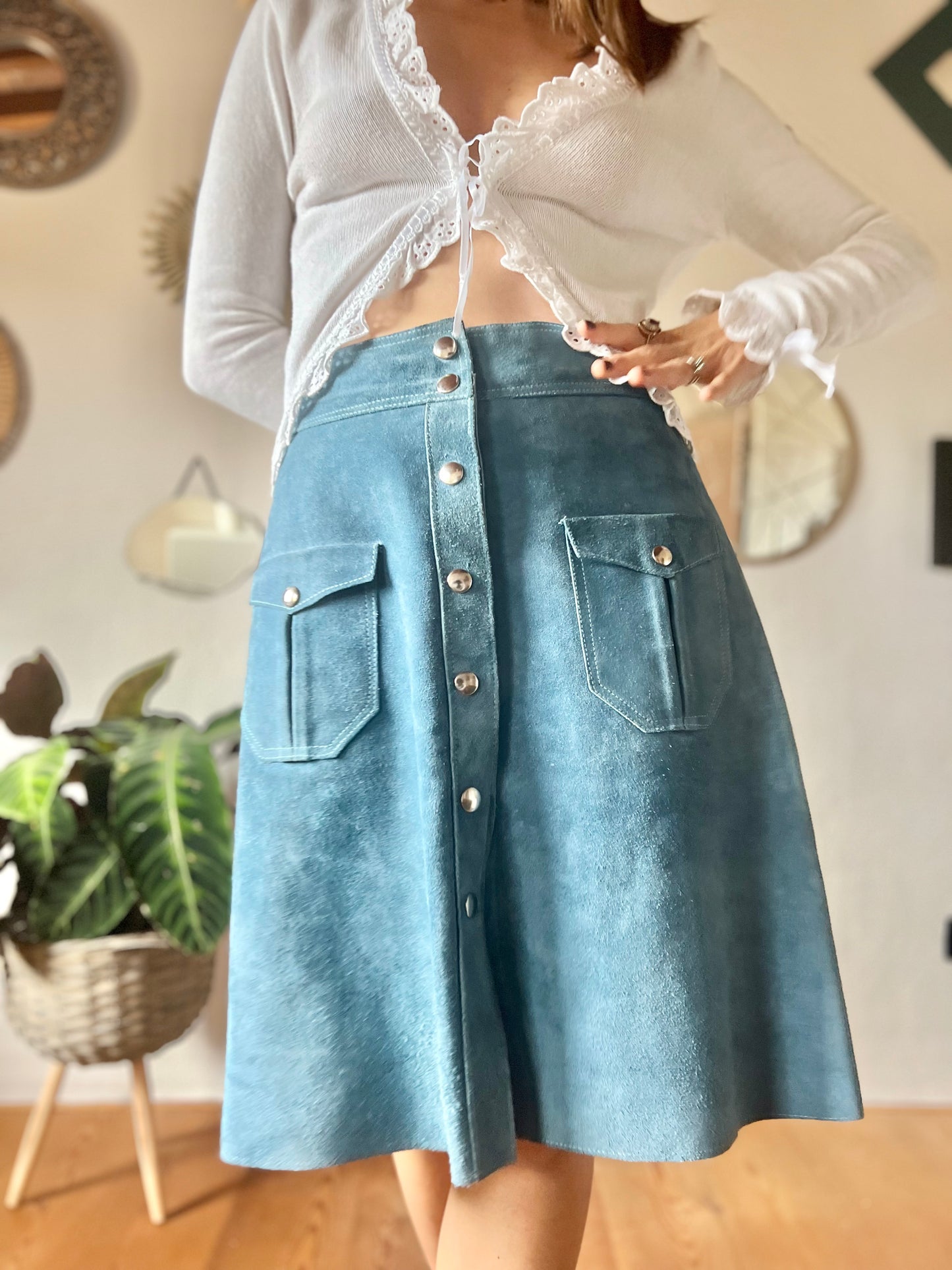 1970's vintage blue suede midi skirt