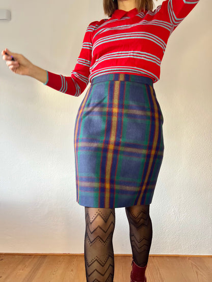 1970's vintage green and multi color wool plaid mini skirt