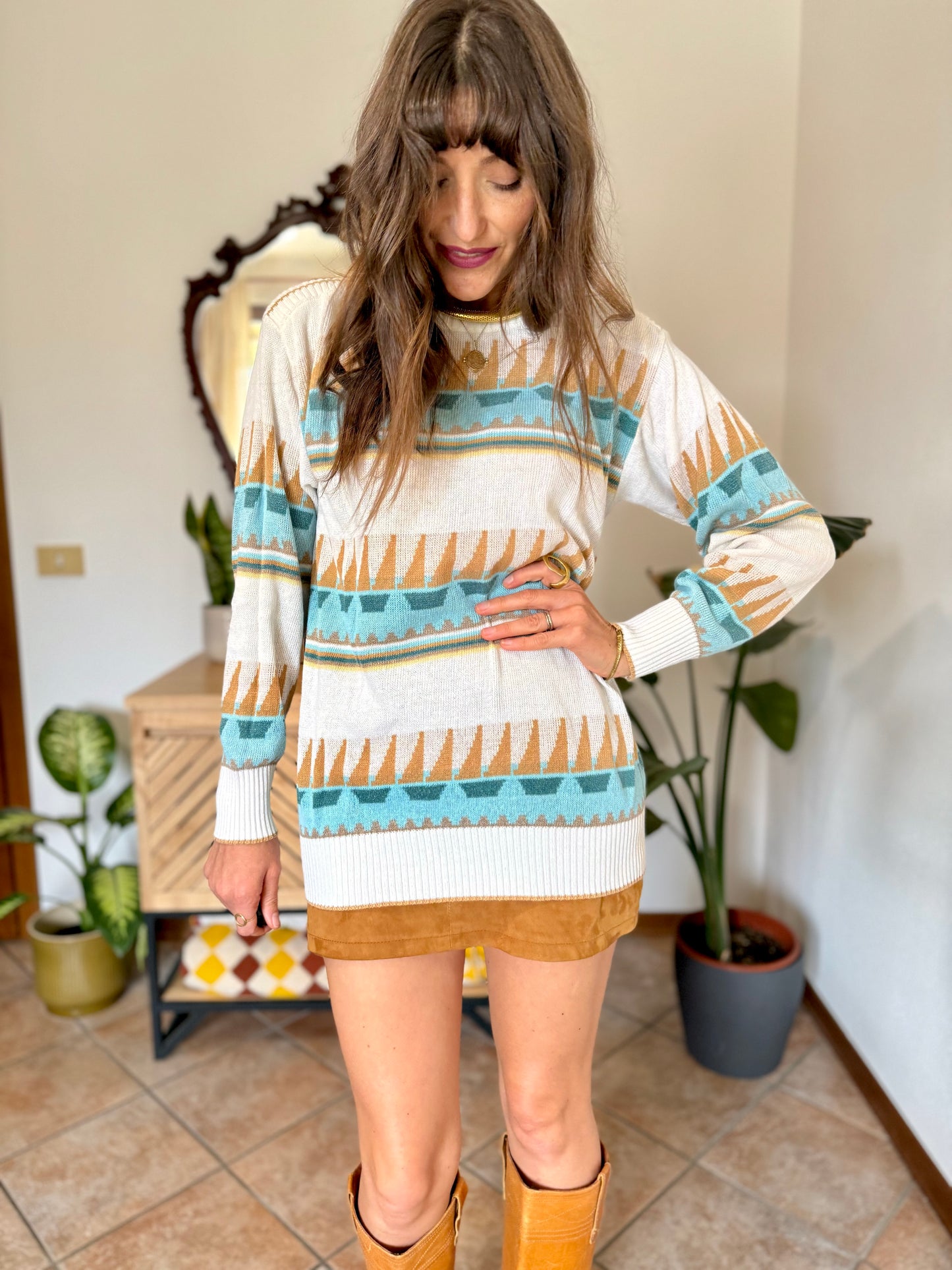 1970's vintage cream light weight cotton knit pullover with light blue and tan geometric pattern