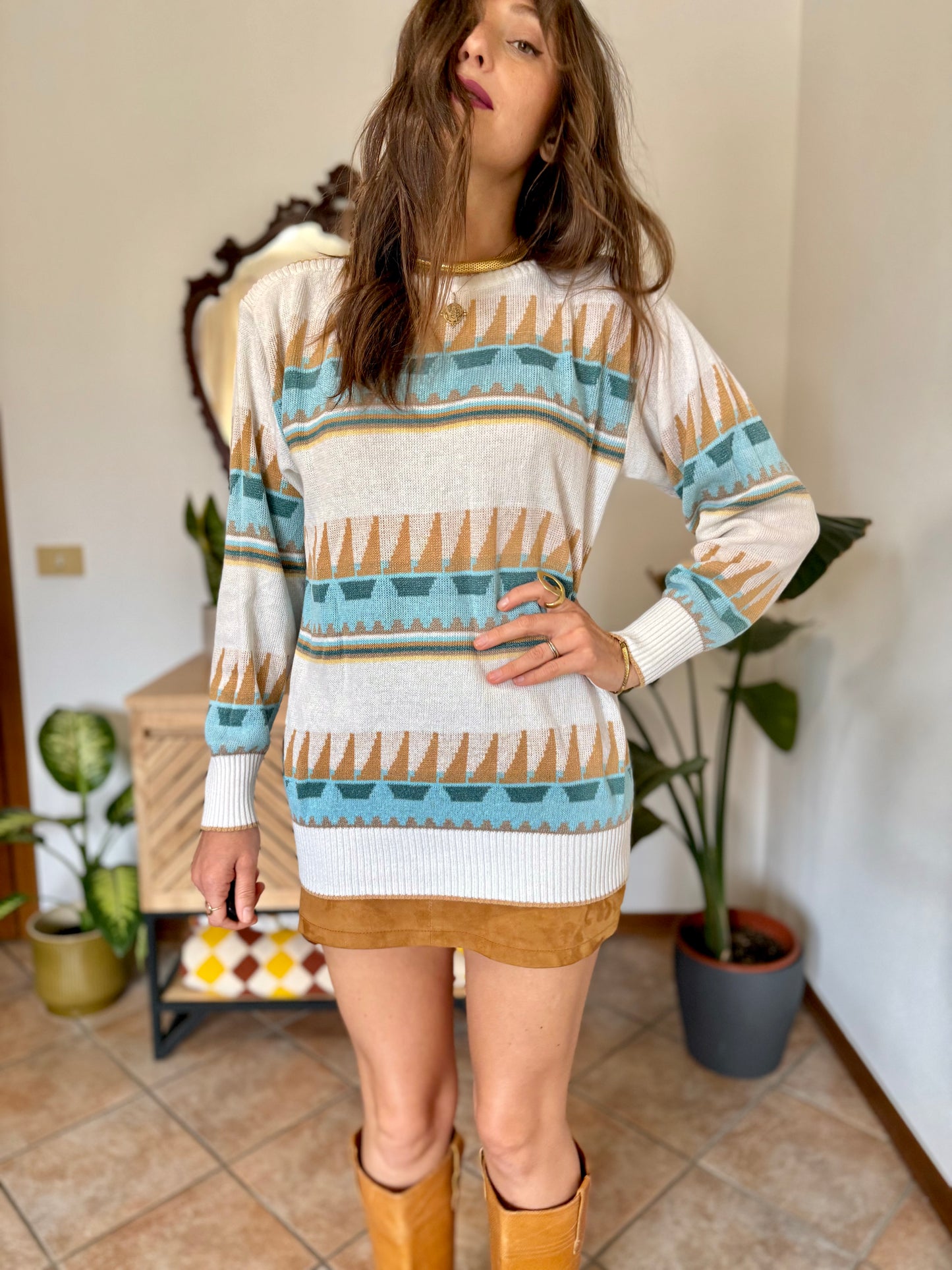 1970's vintage cream light weight cotton knit pullover with light blue and tan geometric pattern