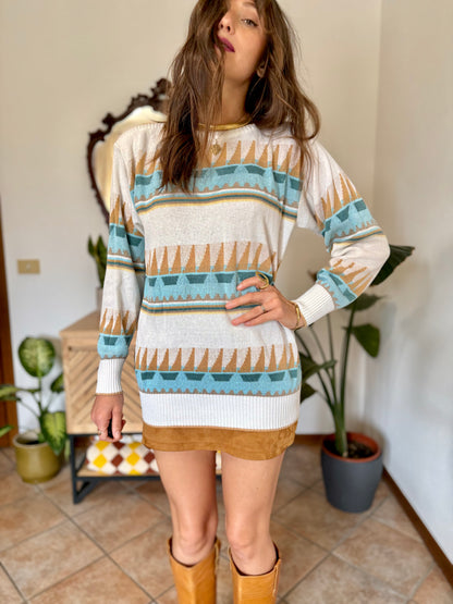 1970's vintage cream light weight cotton knit pullover with light blue and tan geometric pattern