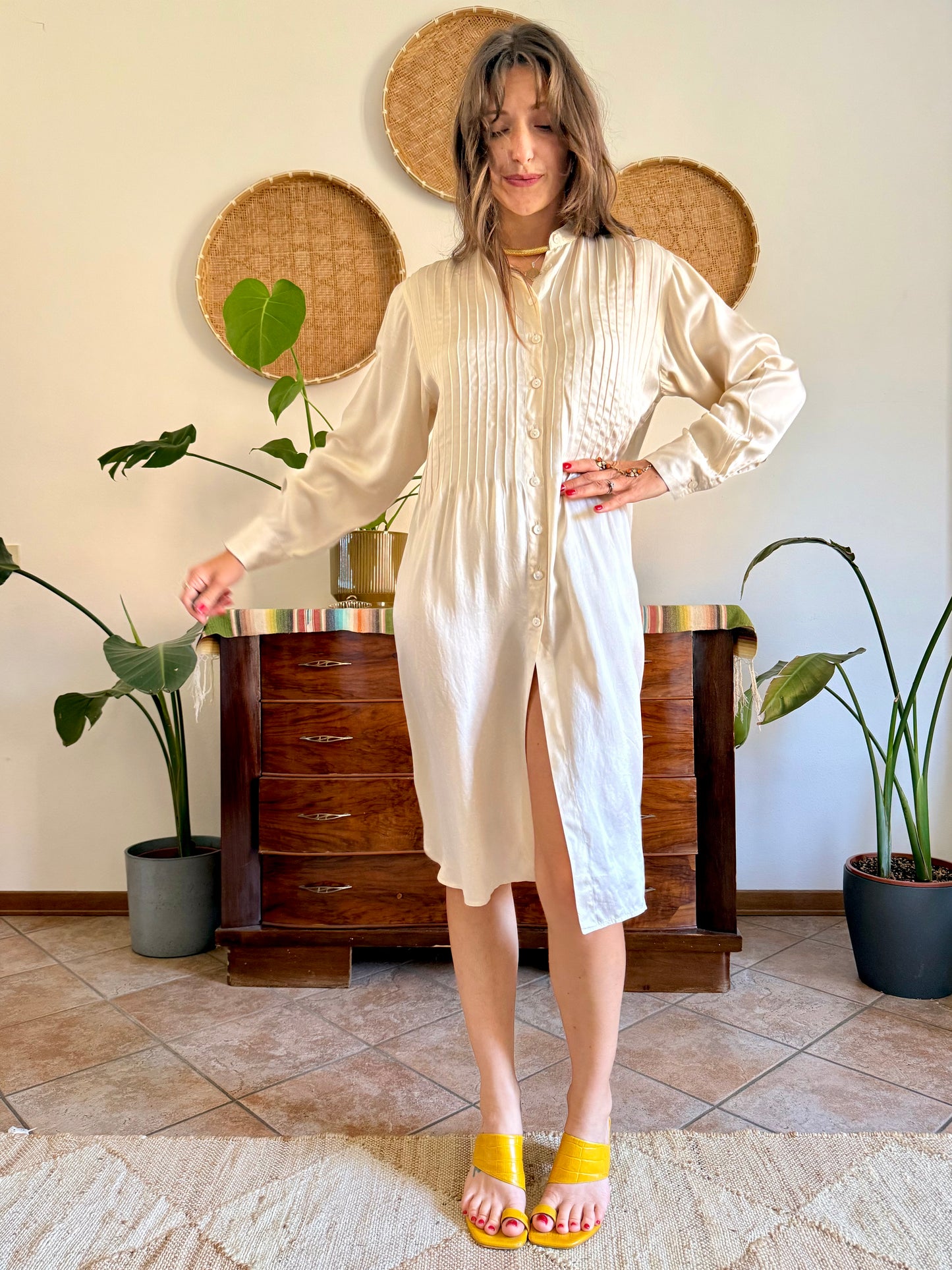 1990's vintage cream silk midi shirt dress with pleated details