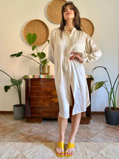 1990's vintage cream silk midi shirt dress with pleated details