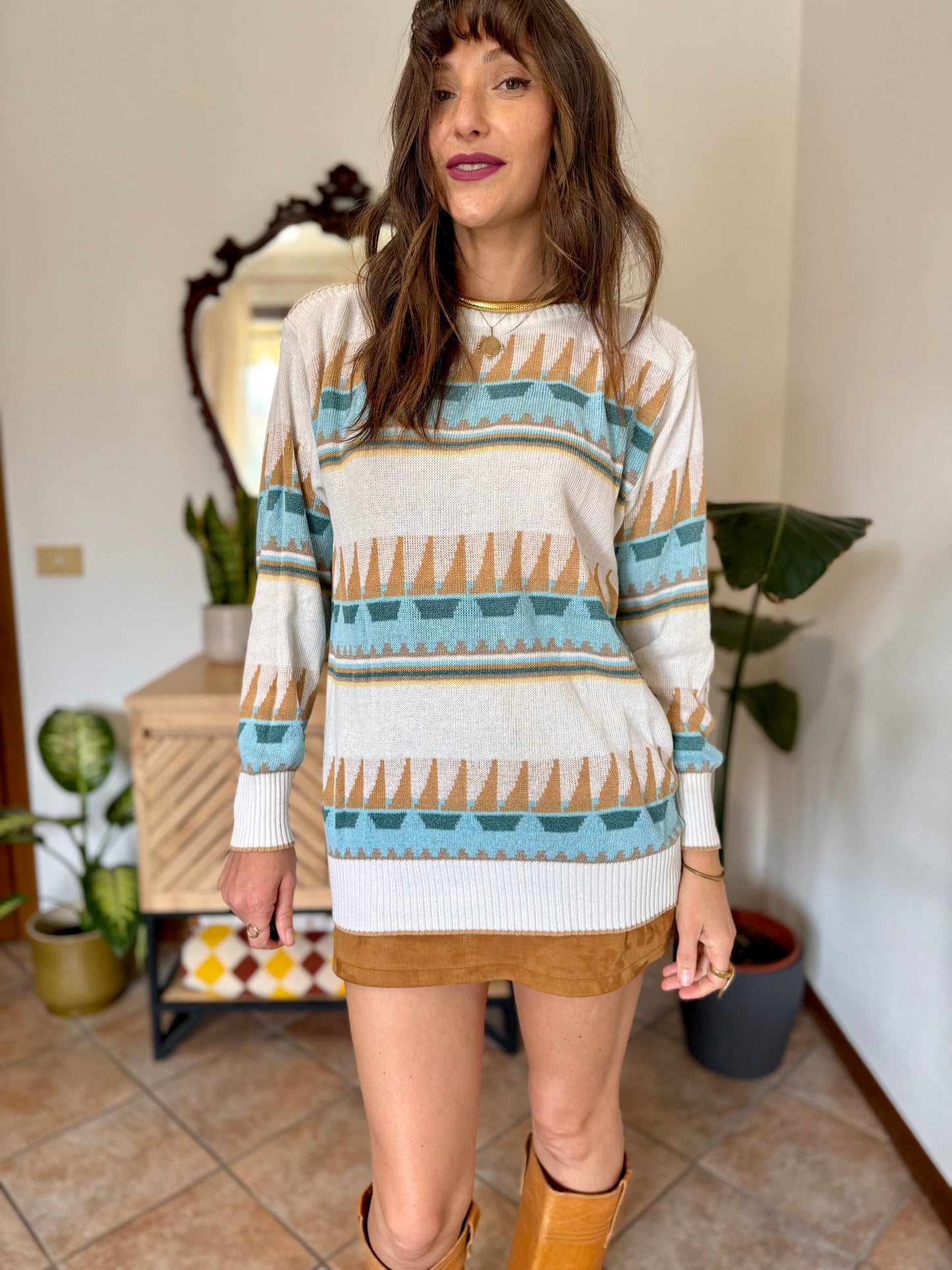 1970's vintage cream light weight cotton knit pullover with light blue and tan geometric pattern